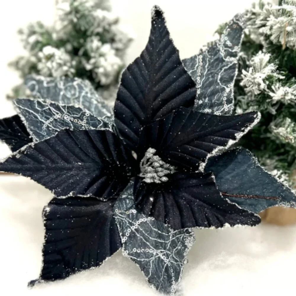 Winters Night Navy Blue and Silver Poinsettia Stem Christmas Accent Decor